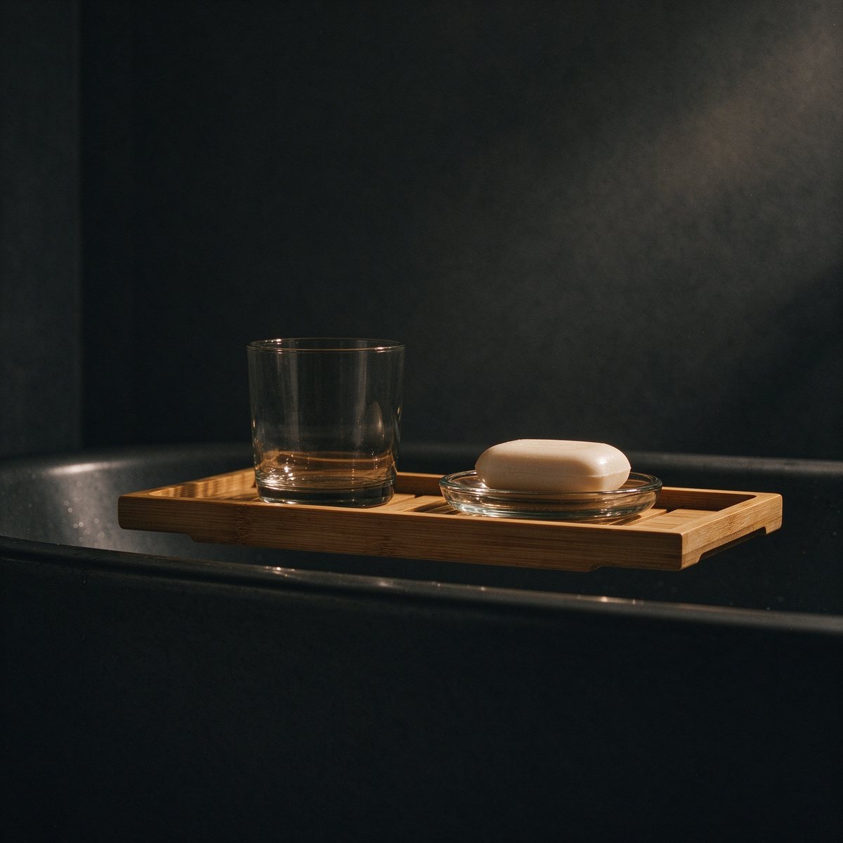 Oak Bath Caddy, bamboo tray with glass cup and soap dish, sized for a standard tub edge