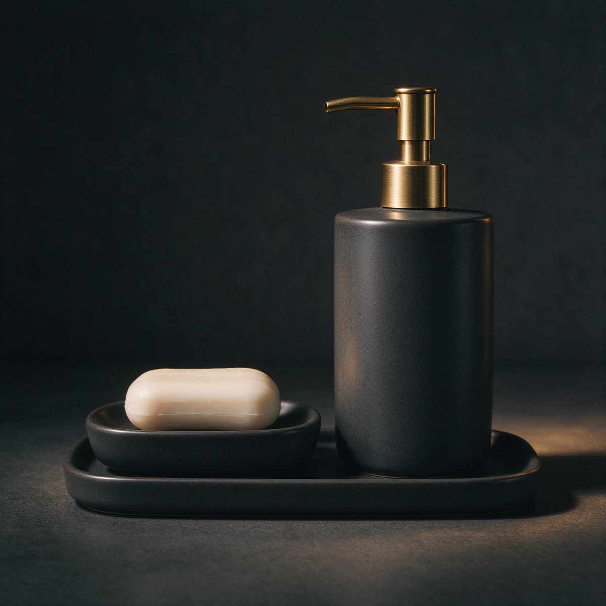 Matte Ceramic Dispenser Set, charcoal ceramic, brass pump, weighted soap dish