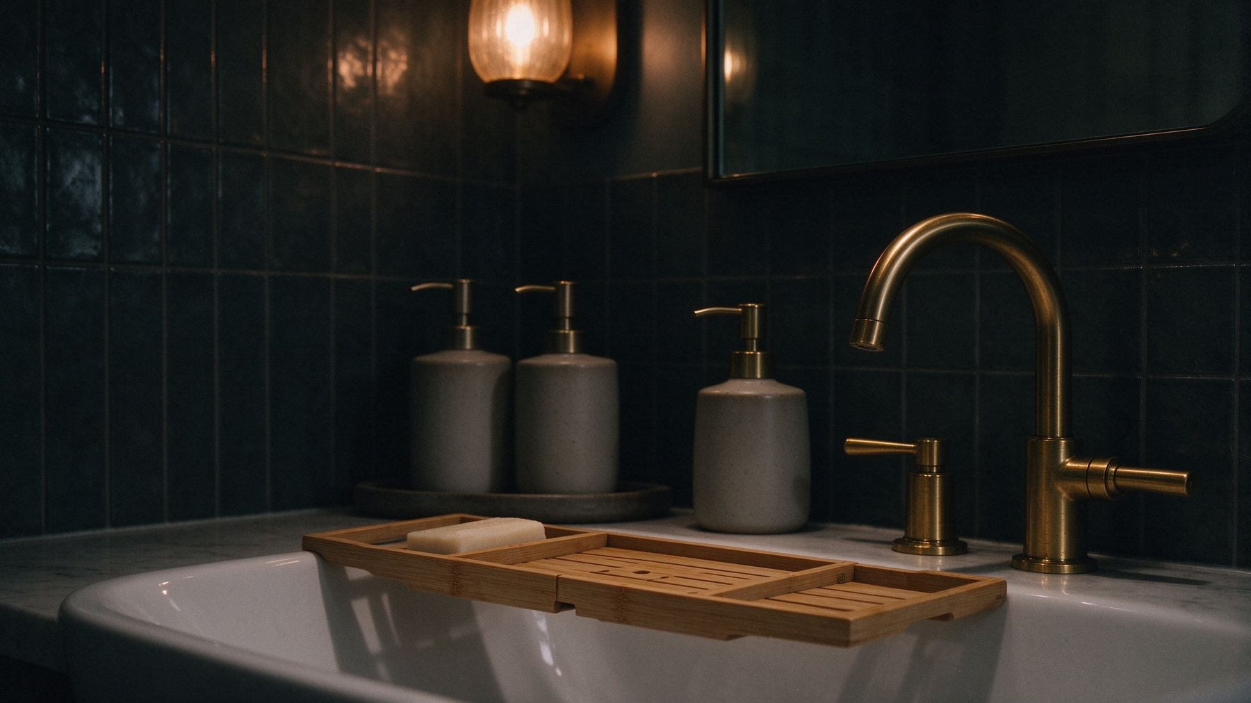 Dark bathroom vignette with bamboo caddy, ceramic dispensers and brass fixtures