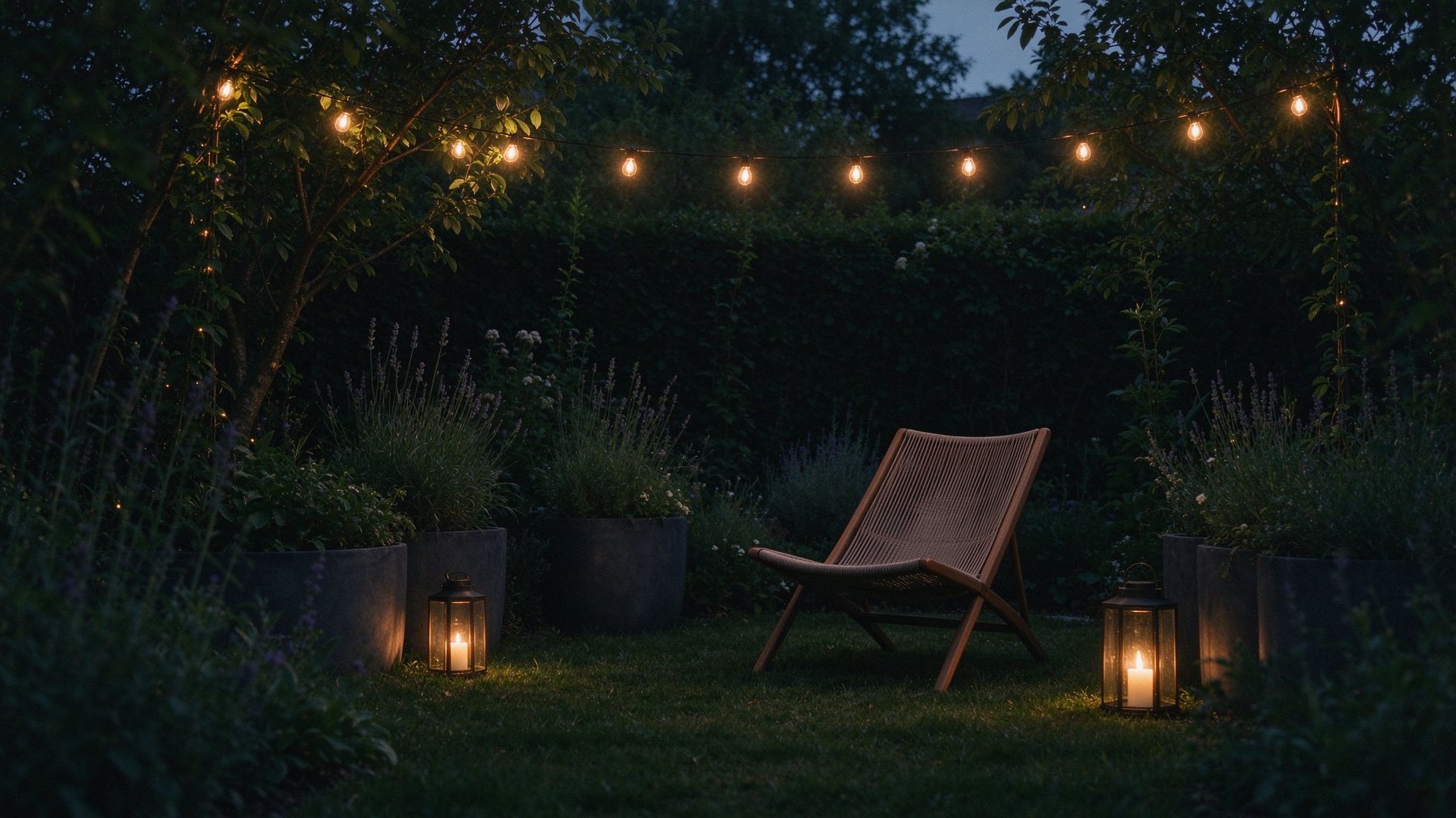 Night garden with acacia lounge chair, charcoal planters and lanterns