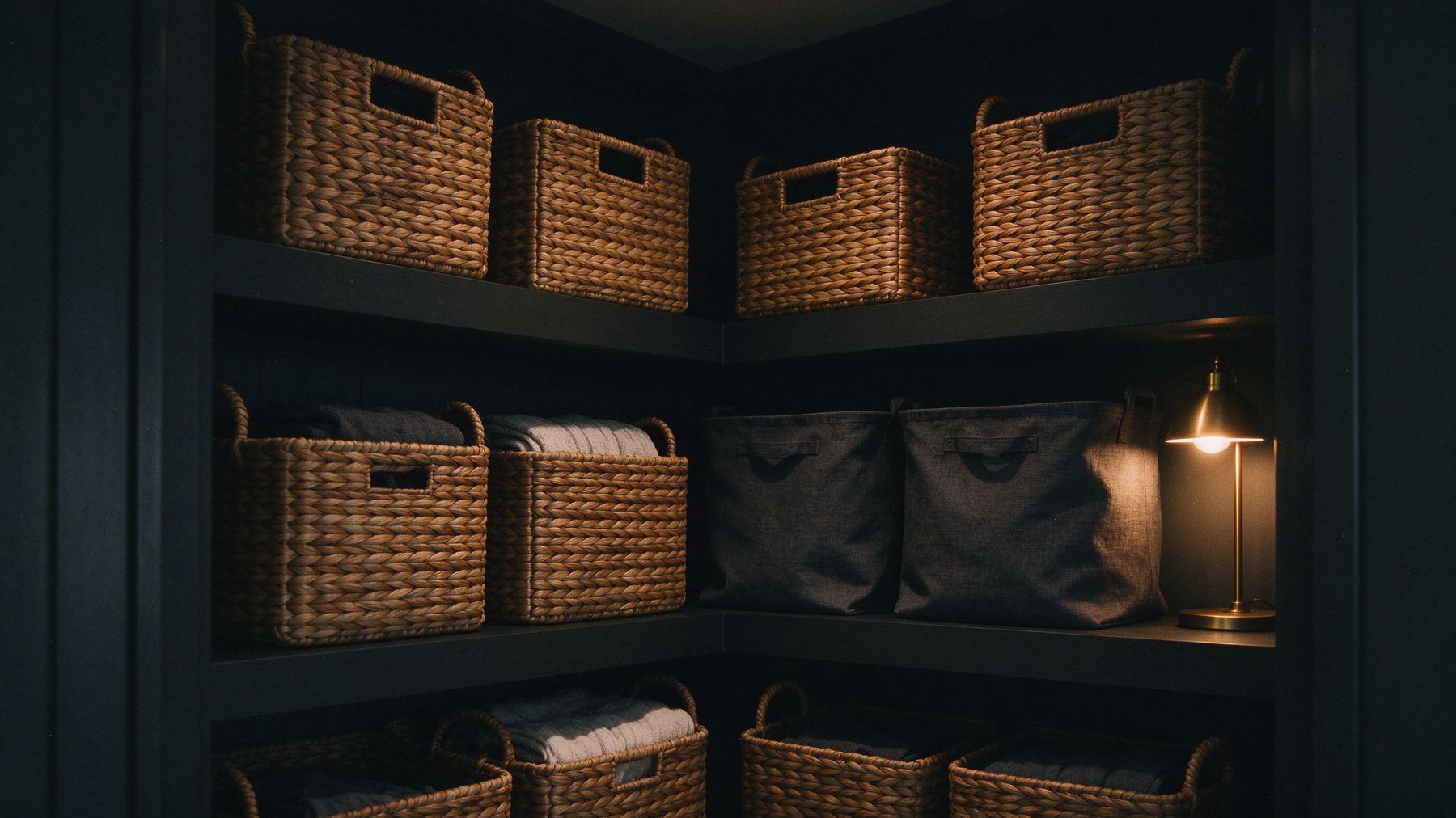 Dark shelving corner with handwoven seagrass baskets and linen bins