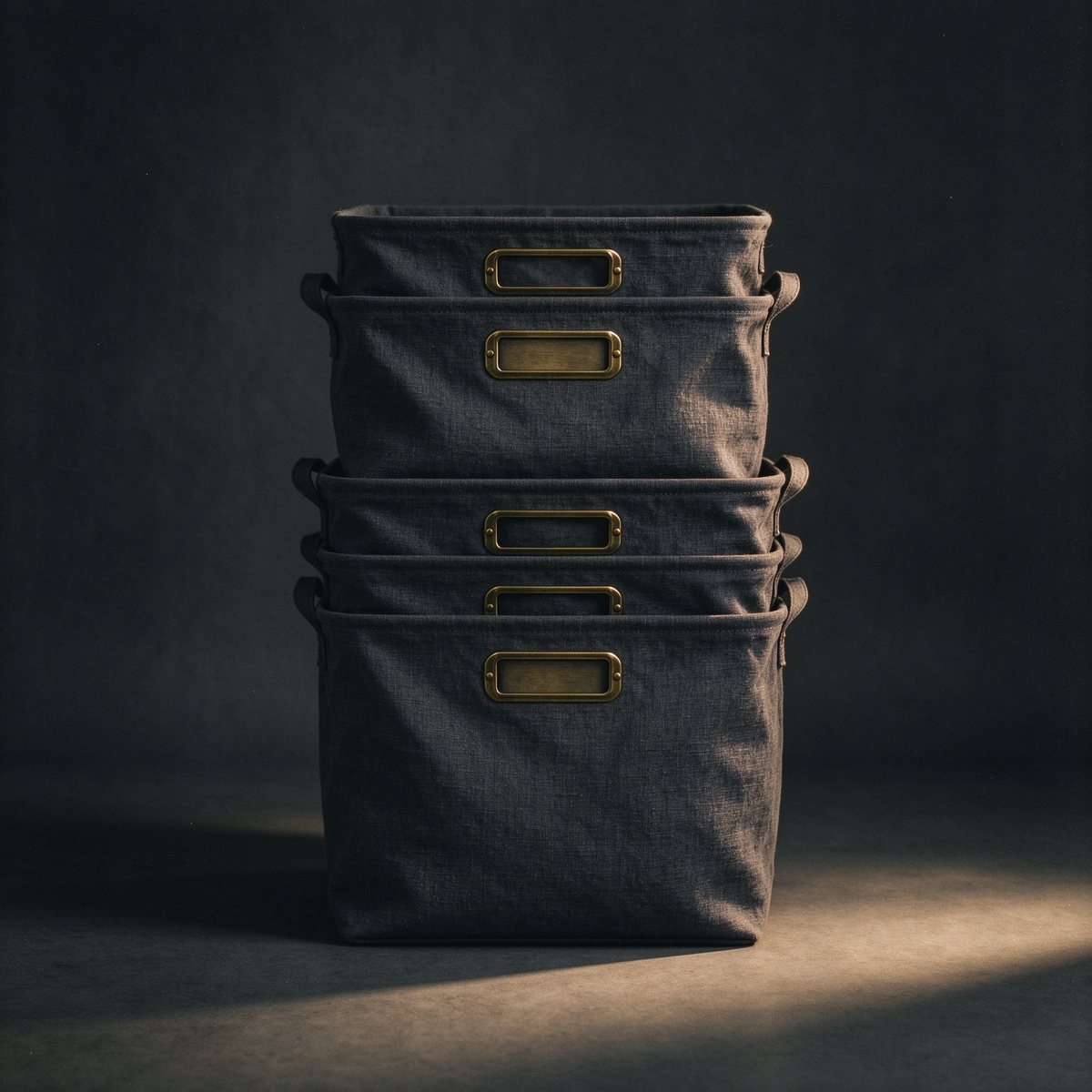 Stacks charcoal linen bins with brass label frames